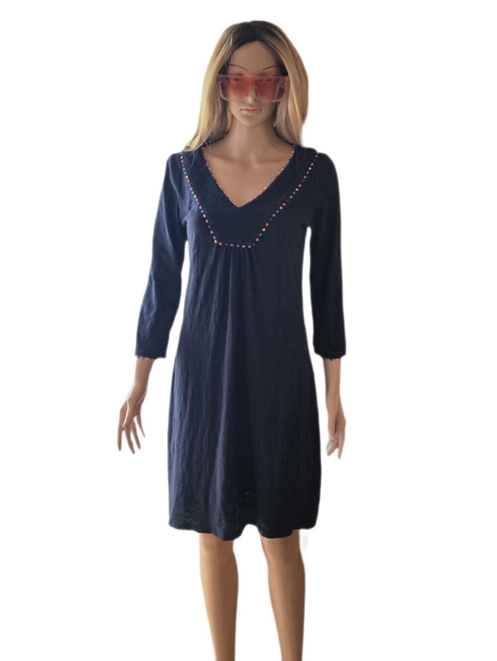 Boden Navy Blue Charlie Pom Pom Jersey Tunic Dress - Size 4L
